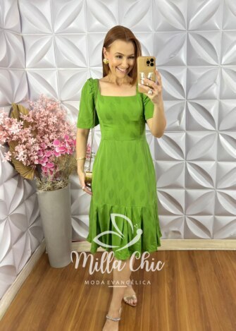 Milla Chic - millachic com br vestido melissa em viscose devore Vestido Melissa em Viscose Devorê - Verde - Milla Chic