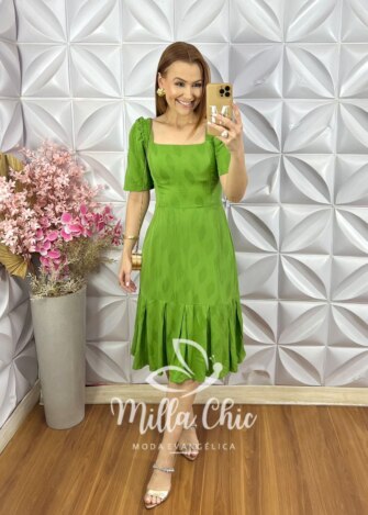 Vestido Melissa em Viscose Devorê - Verde - Milla Chic