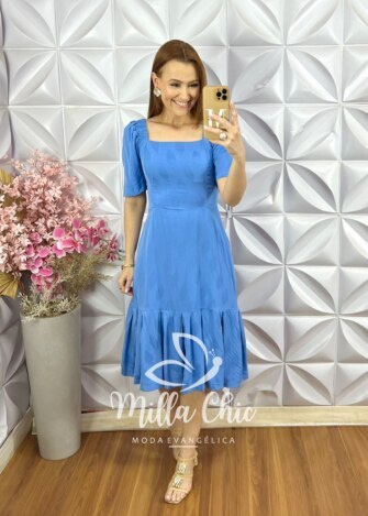Vestido Melissa em Viscose Devorê - Azul - Milla Chic