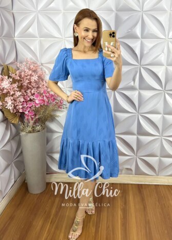 Vestido Melissa em Viscose Devorê - Azul - Milla Chic