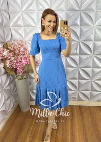 Vestido Melissa em Viscose Devorê - Azul - Milla Chic
