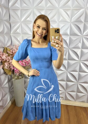 Vestido Melissa em Viscose Devorê - Azul - Milla Chic
