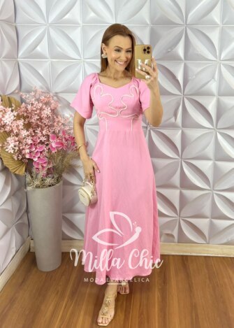 Vestido Vera em Bordado Cordonê - Rosa - Milla Chic