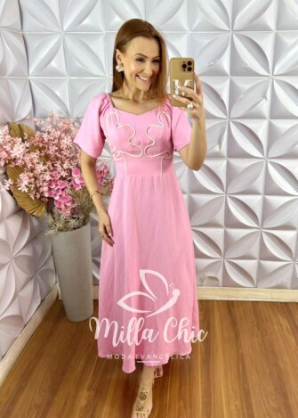 Vestido Vera em Bordado Cordonê - Rosa - Milla Chic