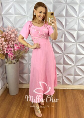 Vestido Vera em Bordado Cordonê - Rosa - Milla Chic