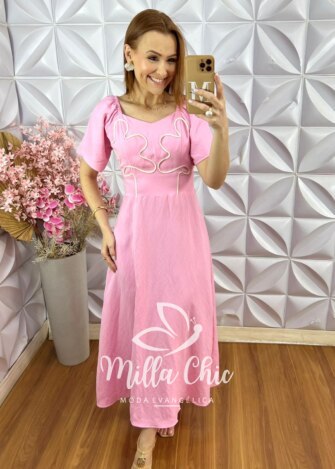 Vestido Vera em Bordado Cordonê - Rosa - Milla Chic