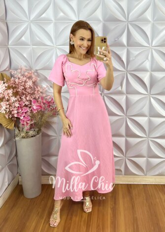 Vestido Vera em Bordado Cordonê - Rosa - Milla Chic