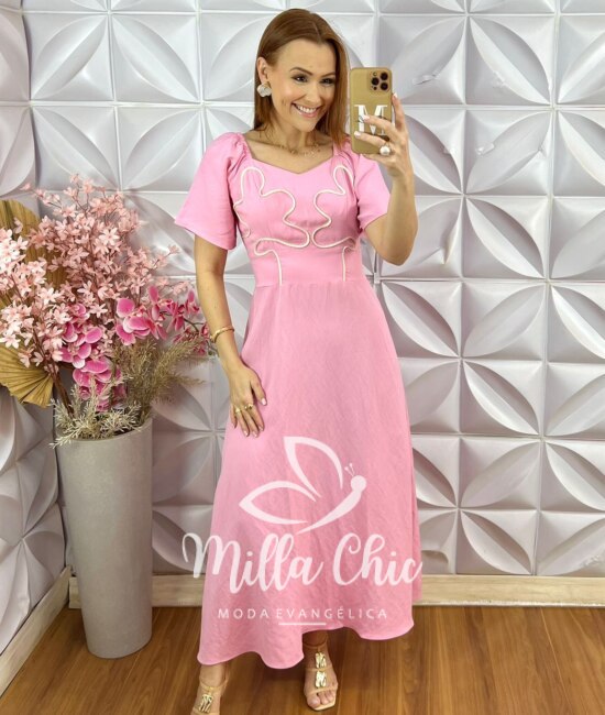 Vestido Vera em Bordado Cordonê - Rosa - Milla Chic
