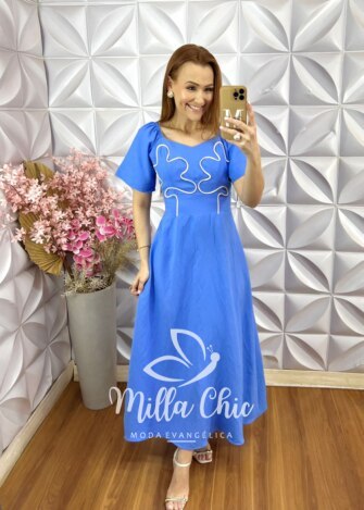 Vestido Vera em Bordado Cordonê - Azul - Milla Chic