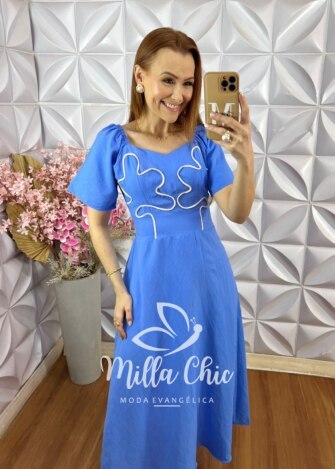 Vestido Vera em Bordado Cordonê - Azul - Milla Chic