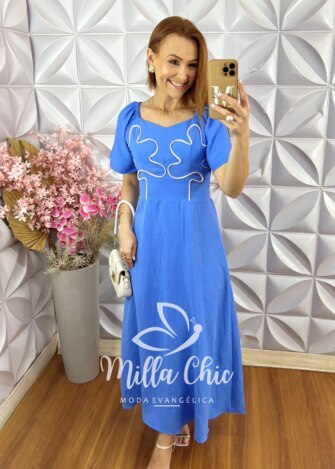 Vestido Vera em Bordado Cordonê - Azul - Milla Chic