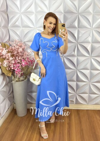 Vestido Vera em Bordado Cordonê - Azul - Milla Chic