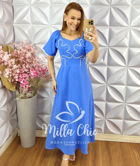 Vestido Vera em Bordado Cordonê - Azul - Milla Chic
