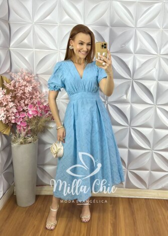 Vestido Vitória Em Lesie Cordonê - Azul Baby - Milla Chic