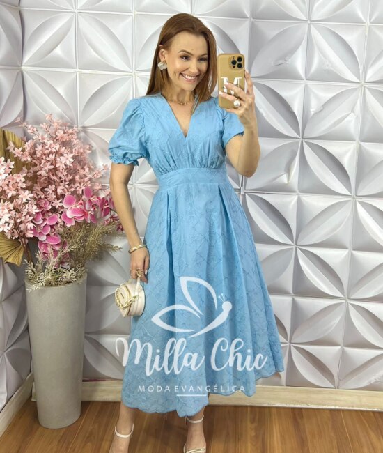 Vestido Vitória Em Lesie Cordonê - Azul Baby - Milla Chic