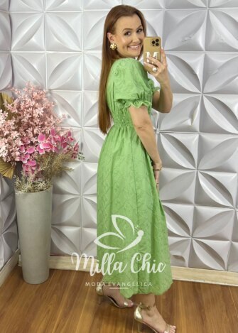 Vestido Vitória Em Lesie Cordonê - Pistache - Milla Chic