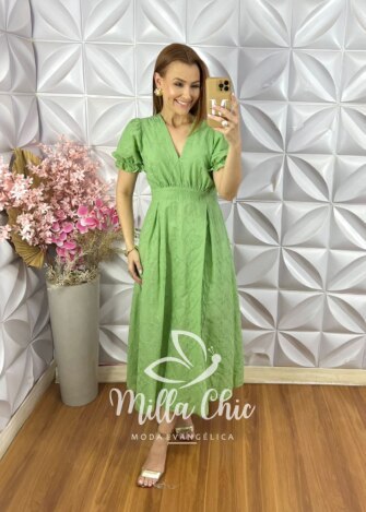 Vestido Vitória Em Lesie Cordonê - Pistache - Milla Chic