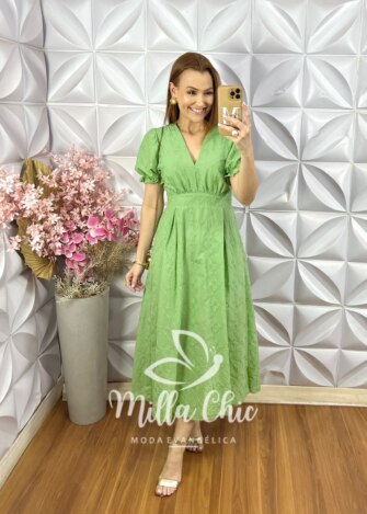 Vestido Vitória Em Lesie Cordonê - Pistache - Milla Chic