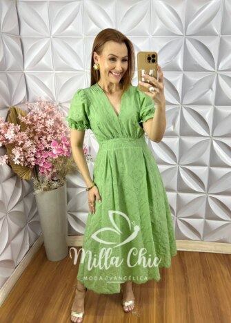 Vestido Vitória Em Lesie Cordonê - Pistache - Milla Chic