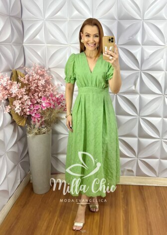 Vestido Vitória Em Lesie Cordonê - Pistache - Milla Chic