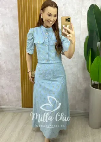 Conjunto Andresa em Lesie Algodão Bordada - Azul Baby - Milla Chic