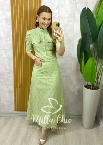 Conjunto Andresa em Lesie Algodão Bordada - Menta - Milla Chic