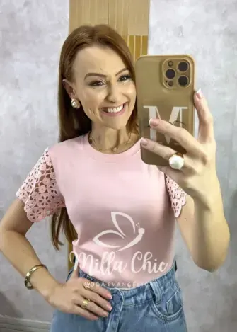 Blusa Adelaide Manga Guipper - Rosa Baby - Milla Chic