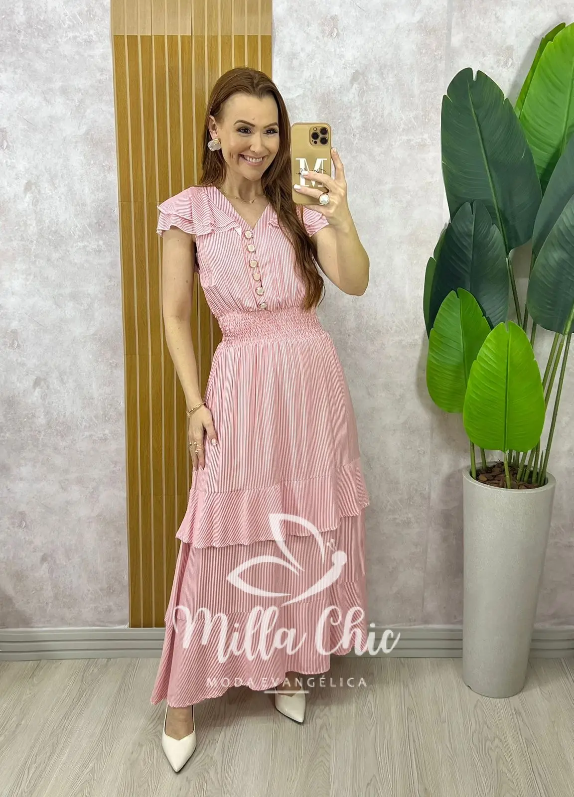 Vestido Eva em Viscolinho Listrado – Vermelho Goiaba – Milla Chic Vestido Eva em Viscolinho Listrado - Vermelho Goiaba - Milla Chic