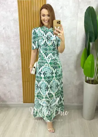 Conjunto Olívia em Linho Estampado - Verde - Milla Chic