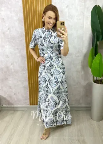 Conjunto Olívia em Linho Estampado - Azul Marinho - Milla Chic