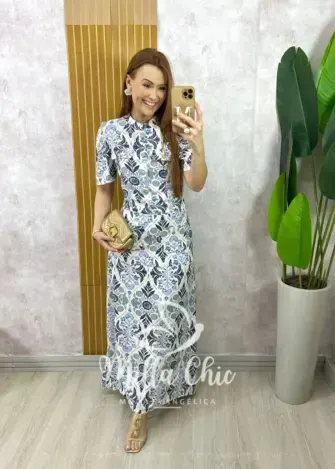Conjunto Olívia em Linho Estampado - Azul Marinho - Milla Chic