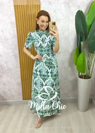 Conjunto Olívia em Linho Estampado - Azul Marinho - Milla Chic