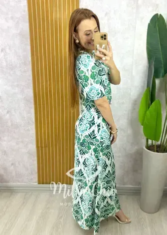 Conjunto Olívia em Linho Estampado - Azul Marinho - Milla Chic