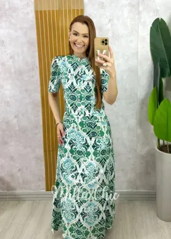 Conjunto Olívia em Linho Estampado - Azul Marinho - Milla Chic