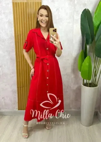 Vestido Lavínia em Linho - Cereja - Milla Chic