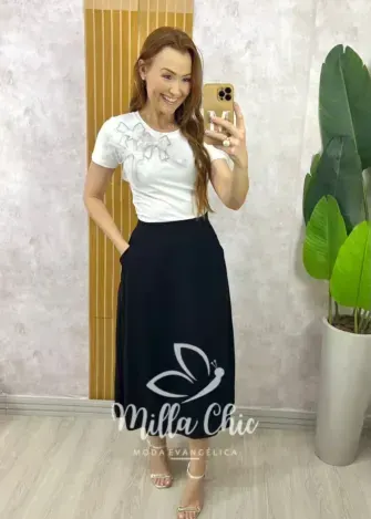 Saia Raquel Em Viscolinho - Preta - Milla Chic