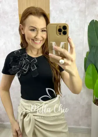 Blusa Sabrina Em Algodão Com Laço - Preta - Milla Chic