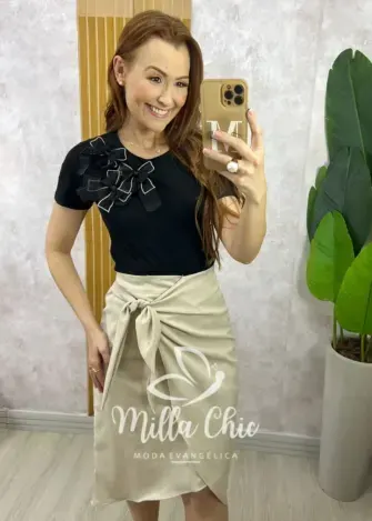 Blusa Sabrina Em Algodão Com Laço - Preta - Milla Chic