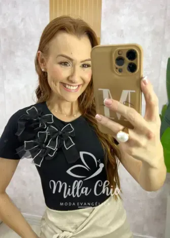 Blusa Sabrina Em Algodão Com Laço - Preta - Milla Chic