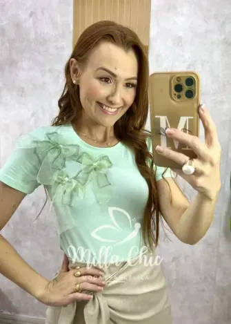 Blusa Sabrina em Algodão com Laço - Menta - Milla Chic