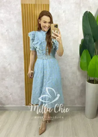 Vestido Rúbia Em Lesie Algodão - Azul Céu - Milla Chic