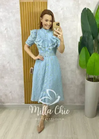 Vestido Rúbia Em Lesie Algodão - Azul Céu - Milla Chic
