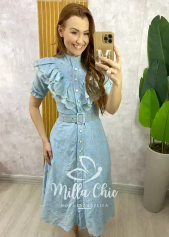 Vestido Rúbia Em Lesie Algodão - Azul Céu - Milla Chic