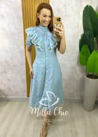 Vestido Rúbia Em Lesie Algodão - Azul Céu - Milla Chic