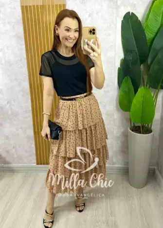 Saia Samanta em Chiffon Camadas - Cappuccino - Milla Chic