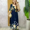 Vestido Lírio  em viscosarja - Azul marinho estampado - Milla Chic