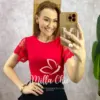 Blusa Dalila Em Malha Manga Em Tule - Vermelha - Milla Chic