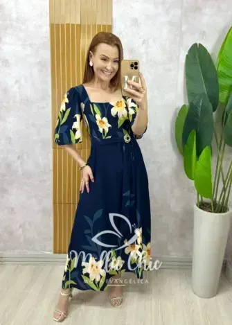 Vestido Lírio  em viscosarja - Azul marinho estampado - Milla Chic