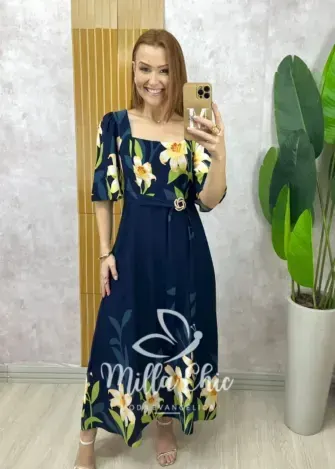Vestido Lírio  em viscosarja - Azul marinho estampado - Milla Chic