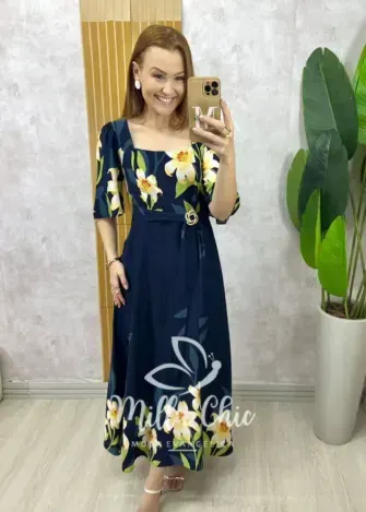 Vestido Lírio  em viscosarja - Azul marinho estampado - Milla Chic